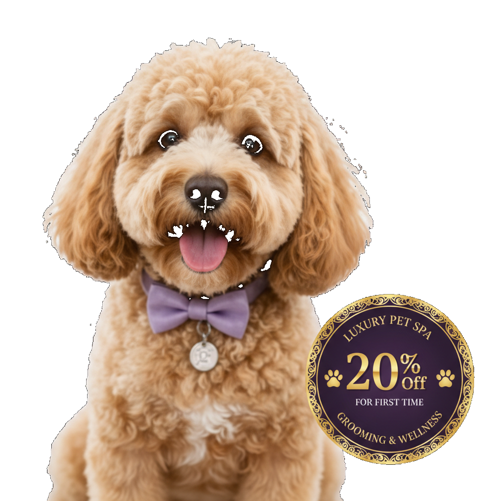 Happy groomed dog with luxury spa offer